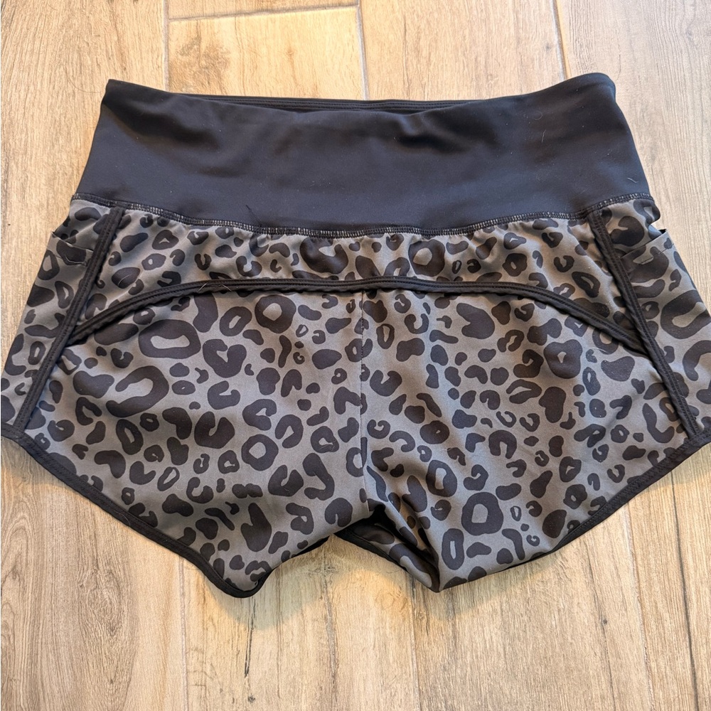 Gray Leopard Print Athletic Shorts with Black Waistband - Picture 3 of 3